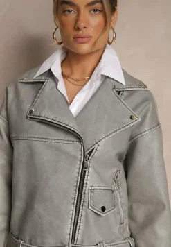 Szara Kurtka o Kroju Ramoneski z Paskiem z Klamrą Nalivra