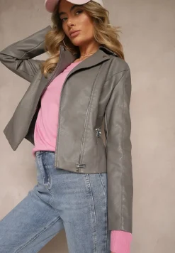 Szara Kurtka Ramoneska Ozdobiona Suwakami Rivvezia