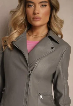 Szara Kurtka Ramoneska Ozdobiona Suwakami Rivvezia