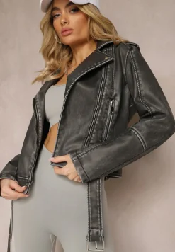 Szara Kurtka Ramoneska z Paskiem ze Sprzączką na Dole i Asymetrycznym Zapięciem Lysa