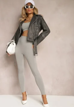 Szara Kurtka Ramoneska z Paskiem ze Sprzączką na Dole i Asymetrycznym Zapięciem Lysa