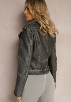 Szara Kurtka Ramoneska z Paskiem ze Sprzączką na Dole i Asymetrycznym Zapięciem Lysa