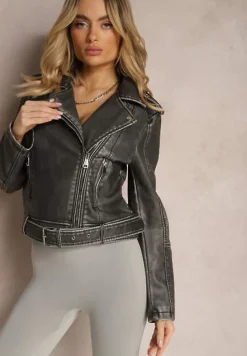 Szara Kurtka Ramoneska z Paskiem ze Sprzączką na Dole i Asymetrycznym Zapięciem Lysa