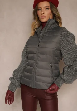Szara Kurtka ze Sweterkowego Materiału i z Ozdobnym Pikowaniem Vertinae