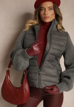 Szara Kurtka ze Sweterkowego Materiału i z Ozdobnym Pikowaniem Vertinae