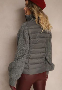 Szara Kurtka ze Sweterkowego Materiału i z Ozdobnym Pikowaniem Vertinae