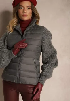 Szara Kurtka ze Sweterkowego Materiału i z Ozdobnym Pikowaniem Vertinae