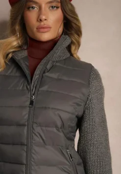 Szara Kurtka ze Sweterkowego Materiału i z Ozdobnym Pikowaniem Vertinae