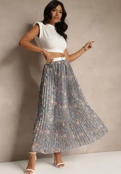 Szara Kwiecista Spódnica Rozkloszowana z Plisami Zdobiona Metalicznym Nadrukiem Folonissa