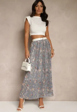 Szara Kwiecista Spódnica Rozkloszowana z Plisami Zdobiona Metalicznym Nadrukiem Folonissa
