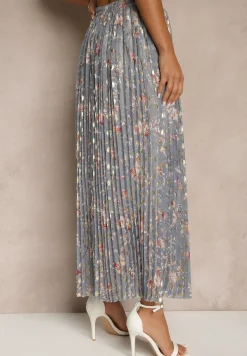 Szara Kwiecista Spódnica Rozkloszowana z Plisami Zdobiona Metalicznym Nadrukiem Folonissa