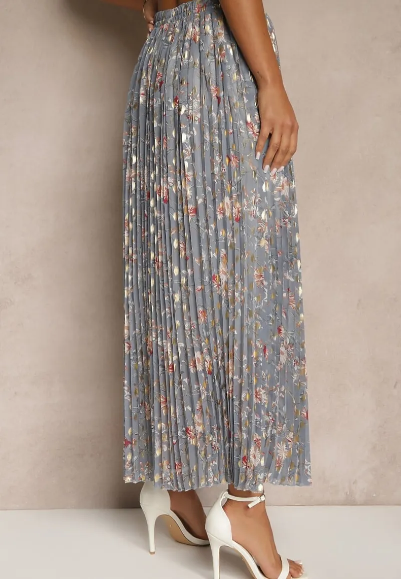 Szara Kwiecista Spódnica Rozkloszowana z Plisami Zdobiona Metalicznym Nadrukiem Folonissa