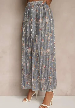 Szara Kwiecista Spódnica Rozkloszowana z Plisami Zdobiona Metalicznym Nadrukiem Folonissa