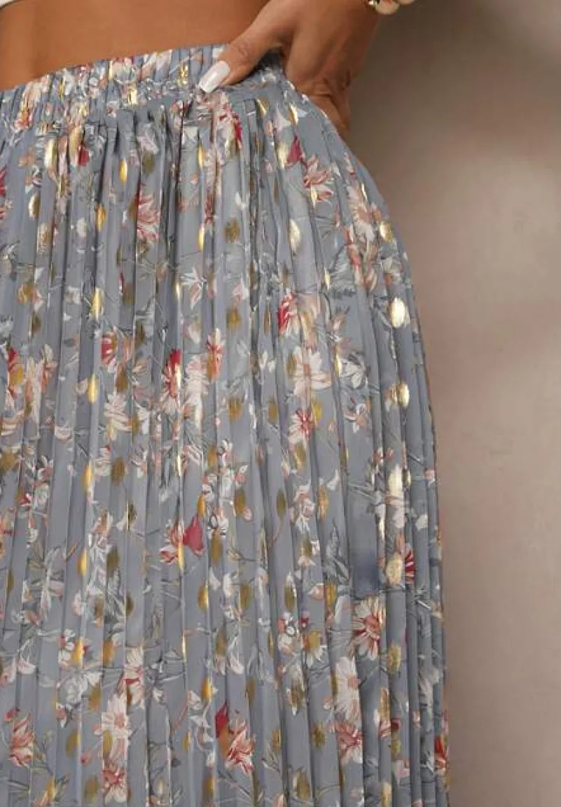 Szara Kwiecista Spódnica Rozkloszowana z Plisami Zdobiona Metalicznym Nadrukiem Folonissa