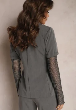 Szara Marynarka z Rękawami z Siatki Ozdobionej Cyrkoniami Modrika