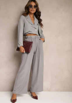 Szara Nowoczesna Marynarka o Jednorzędowym Fasonie z Poduszkami w Ramionach Selisaria