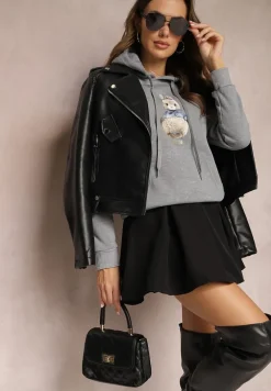 Szara Ocieplana Bluza z Ozdobnym Nadrukiem i Kapturem Hitee