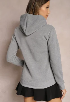 Szara Ocieplana Bluza z Ozdobnym Nadrukiem i Kapturem Hitee