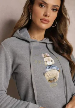 Szara Ocieplana Bluza z Ozdobnym Nadrukiem i Kapturem Hitee