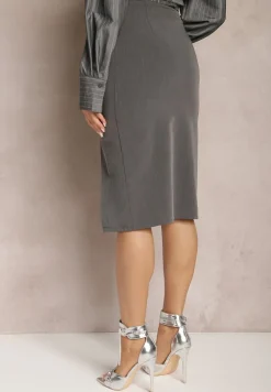 Szara Ołówkowa Spódnica Midi z Rozcięciem Arathora