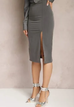 Szara Ołówkowa Spódnica Midi z Rozcięciem Arathora