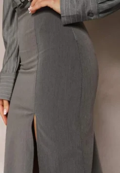 Szara Ołówkowa Spódnica Midi z Rozcięciem Arathora