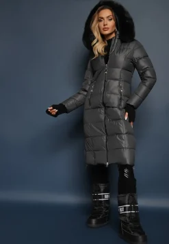 Szara Pikowana Kurtka o Długim Kroju z Odpinanym Kołnierzem z Futerka Neathora