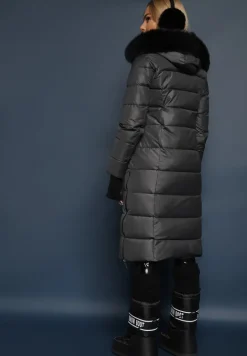Szara Pikowana Kurtka o Długim Kroju z Odpinanym Kołnierzem z Futerka Neathora