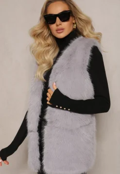 Szara Puchata Kamizelka z Futerka Ozdobiona Imitacją Skóry Tekllesa