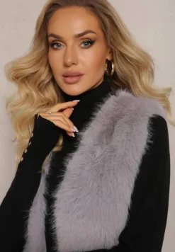 Szara Puchata Kamizelka z Futerka Ozdobiona Imitacją Skóry Tekllesa