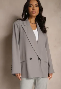 Szara Pudełkowa Marynarka o Dwurzędowym Kroju Relluria