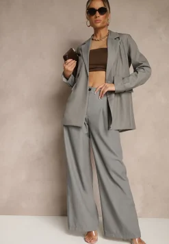 Szara Pudełkowa Marynarka Dwurzędowa z Ozdobnymi Kieszeniami Salobine