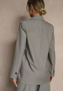 Szara Pudełkowa Marynarka Dwurzędowa z Ozdobnymi Kieszeniami Salobine