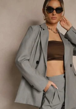 Szara Pudełkowa Marynarka Dwurzędowa z Ozdobnymi Kieszeniami Salobine