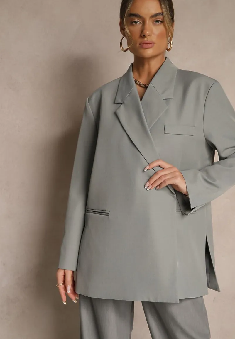 Szara Pudełkowa Marynarka Dwurzędowa o Fasonie Oversize Cornelise