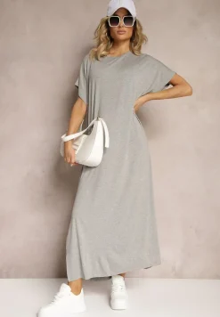 Szara Pudełkowa Sukienka z Wiskozy z Rozcięciem Vimoray