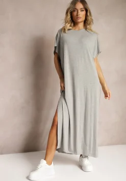 Szara Pudełkowa Sukienka z Wiskozy z Rozcięciem Vimoray