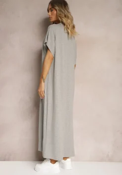 Szara Pudełkowa Sukienka z Wiskozy z Rozcięciem Vimoray