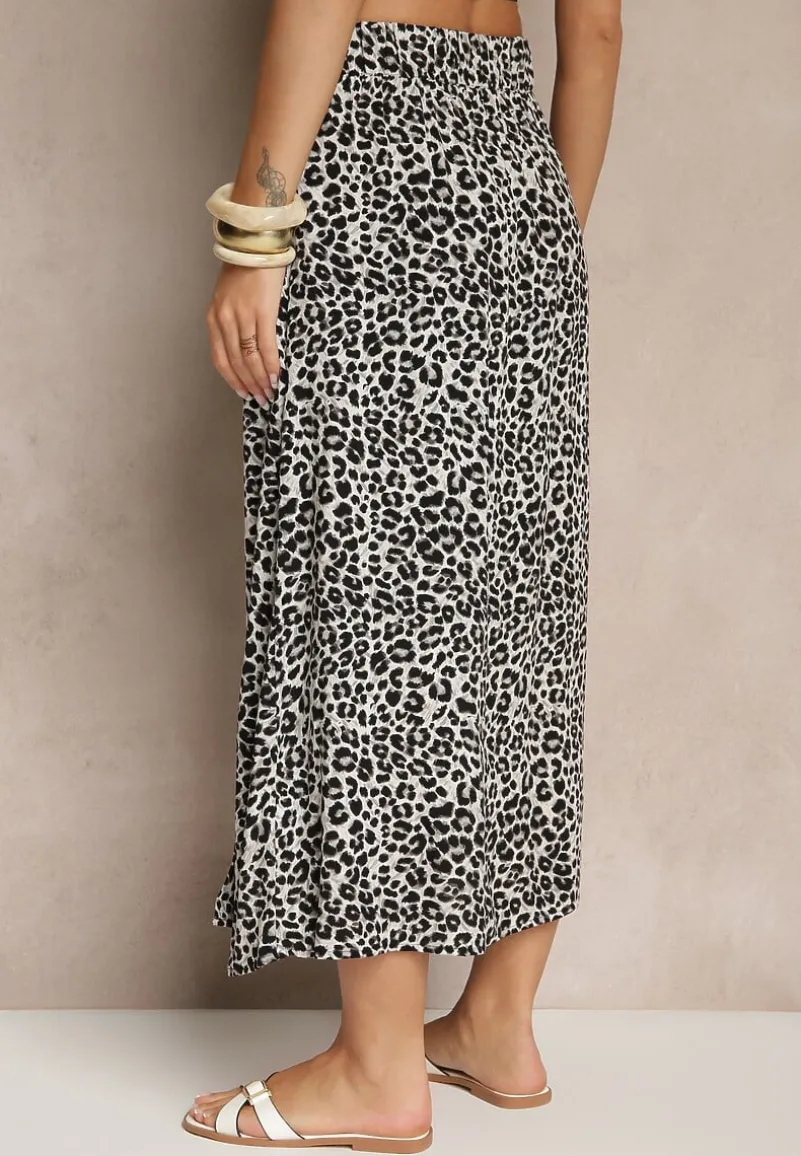 Szara Rozkloszowana Spódnica z Wiskozy ze Wsuwanymi Kieszeniami Koselle