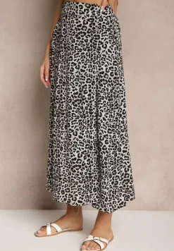 Szara Rozkloszowana Spódnica z Wiskozy ze Wsuwanymi Kieszeniami Koselle