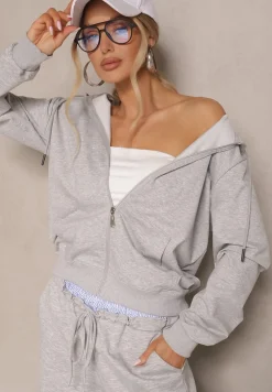 Szara Rozpinana Bluza z Bawełny z Kapturem Ozdobiona Sznurkami Telidwena