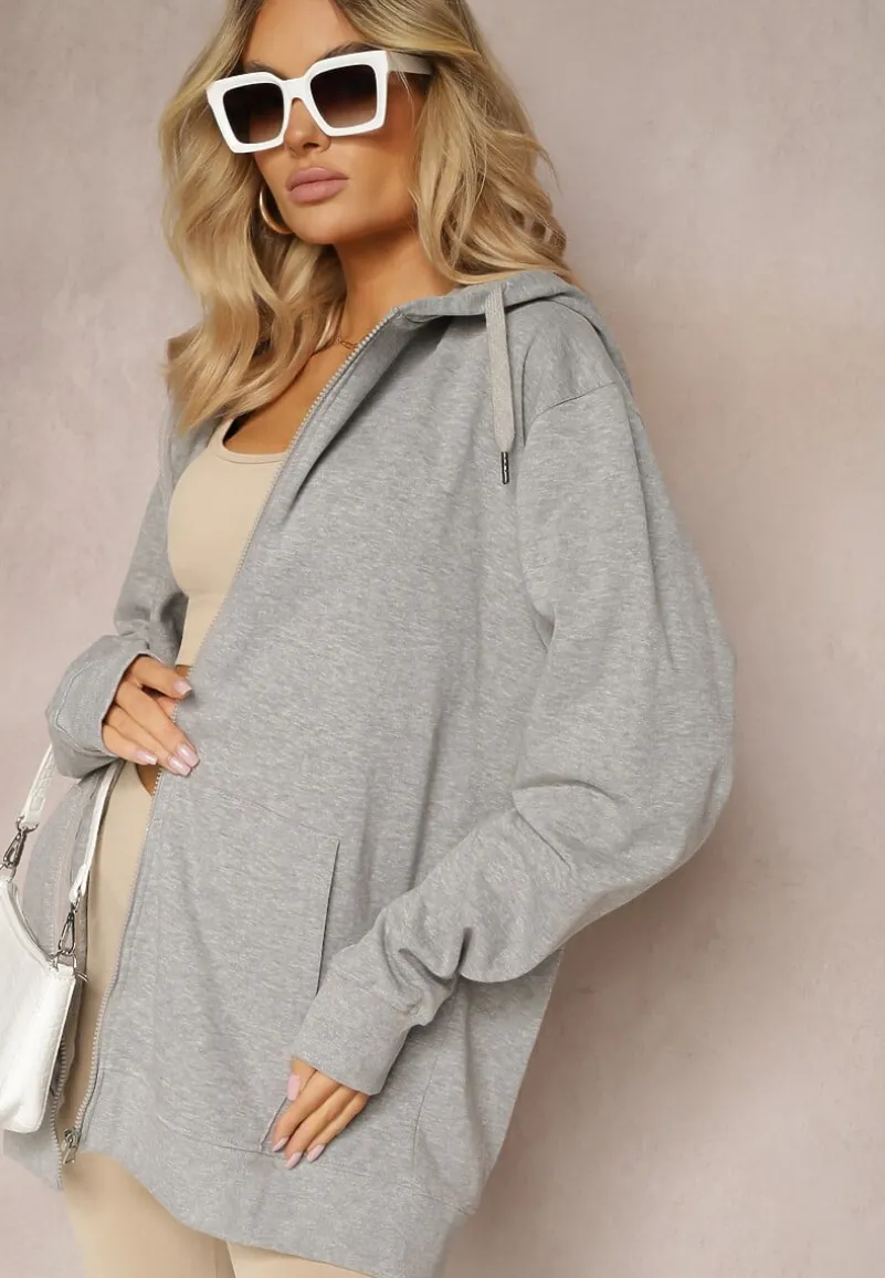 Szara Rozpinana Bluza z Kapturem Wykończona Polarem i Ściągaczem Bachetta