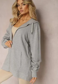 Szara Rozpinana Bluza z Kapturem Wykończona Polarem i Ściągaczem Bachetta
