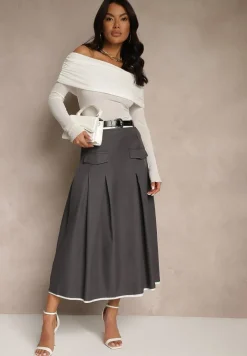 Szara Spódnica High Waist z Plisami Wykończona Imitacją Kieszeni i Paskiem Evilenes