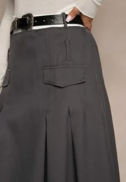 Szara Spódnica High Waist z Plisami Wykończona Imitacją Kieszeni i Paskiem Evilenes