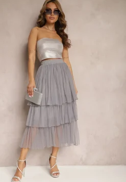 Szara Tiulowa Spódnica Rozkloszowana z Plisowaniem High Waist Eveleena