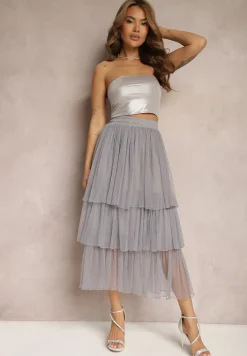 Szara Tiulowa Spódnica Rozkloszowana z Plisowaniem High Waist Eveleena