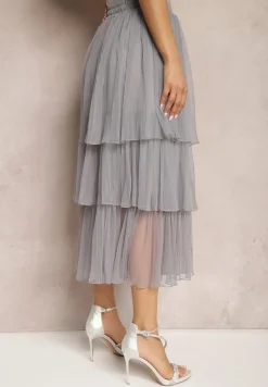 Szara Tiulowa Spódnica Rozkloszowana z Plisowaniem High Waist Eveleena