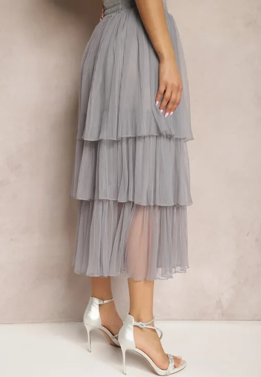 Szara Tiulowa Spódnica Rozkloszowana z Plisowaniem High Waist Eveleena