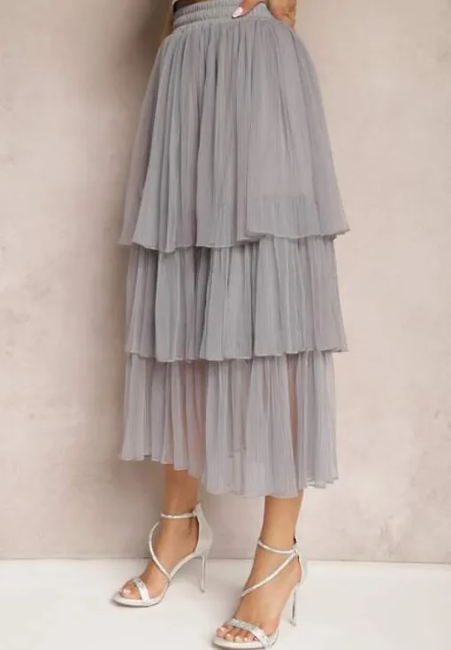 Szara Tiulowa Spódnica Rozkloszowana z Plisowaniem High Waist Eveleena